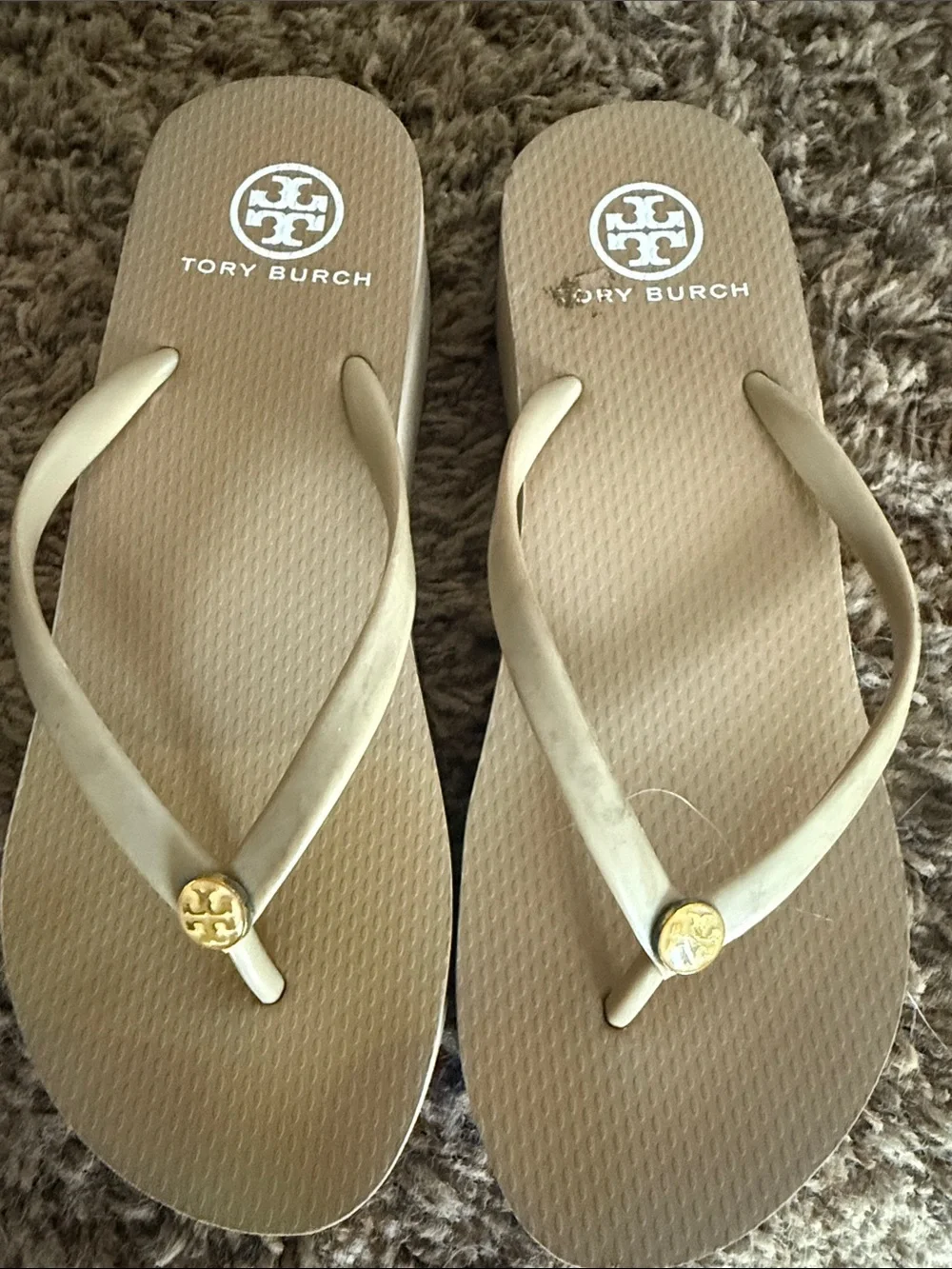 Tory Burch Beige/Tan Logo Thong Sandals with Gold Medallions